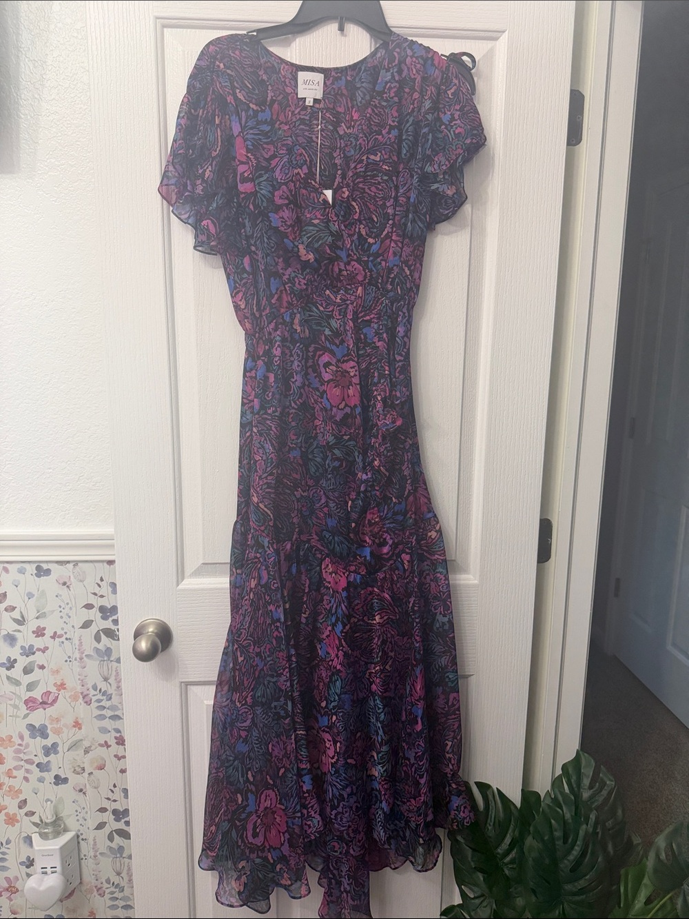 Misa Los Angeles Purple Floral Maxi Dress with Blue Accents